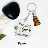 Acrylic Bullet Keychain Protected By God & Gunpowder With 9 mm Bullet