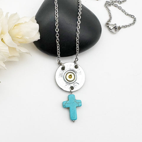 Turquoise Cross 20 Gauge Shotgun Shell Necklace