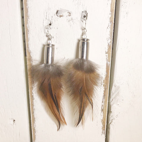 9 mm Ammo Earrings With Feathers