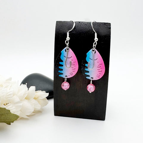 Fishing Lure Earrings With Hook Or Fish Charms Pink Blue