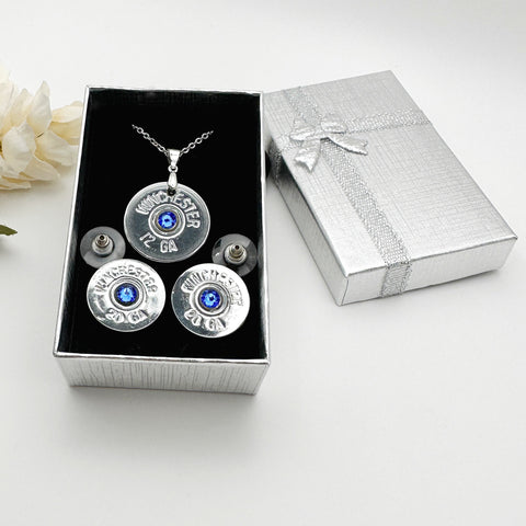 Shotgun Shell Birthstone Jewelry Gift Set For Women 12 Gauge Necklace 20 Gauge Stud Earrings