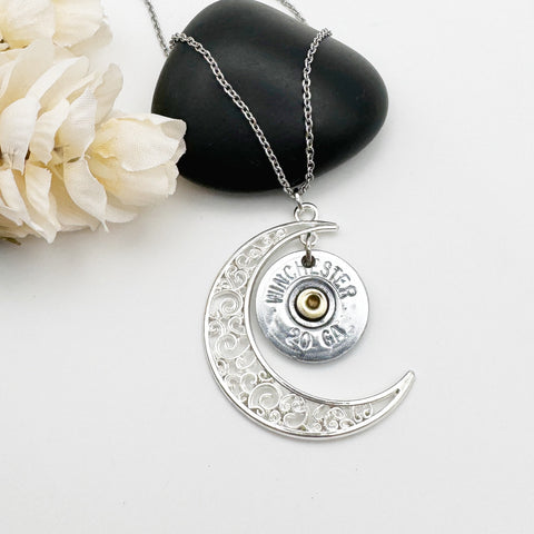 Nickel Shotgun Shell Filigree Moon Birthstone Necklace For Women Handmade Ammo Jewelry Gifts