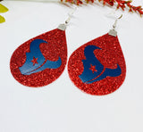 Womens Football Houston Bull Head Red Glitter Earrings Faux Leather Earrings