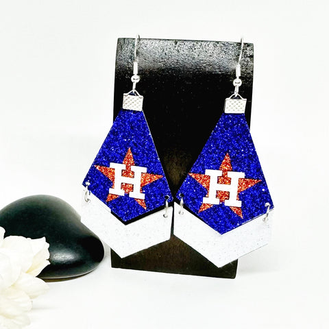 Baseball Glitter Texas Star Diamond Shape Dangling Earrings , Baseball Jewelry , Sports Earrings