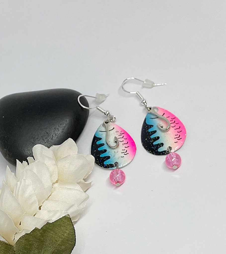 clip on fishing lure earrings Fishing Lure Earrings With Hook Or Fish Charms Pink Blue – Ammo Bling Queen