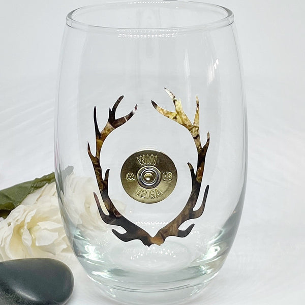 Etched Stemless Wine Glass: Silver Buck