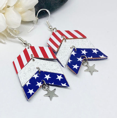 Patriotic Leather Flag Earrings With Star Charms