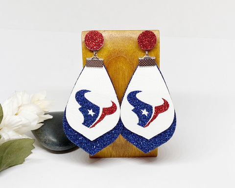 Womens Football Houston Bull Head Leather Glitter Stud Earrings (Ships 1-2 Days)