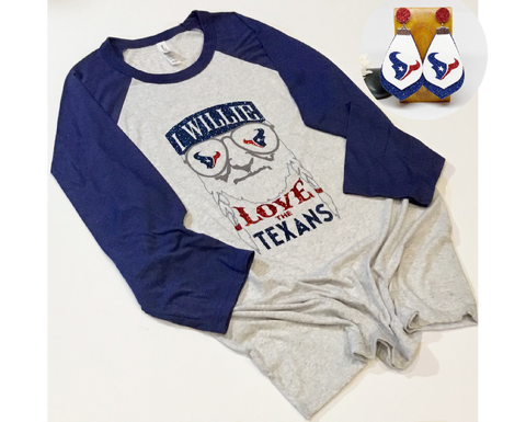 I Willie Love The Texans 3/4Sleeve Bela Canvas Tee (Ships Free  1-3 Days)