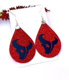 Womens Football Houston Bull Head Red Glitter Earrings Faux Leather Earrings