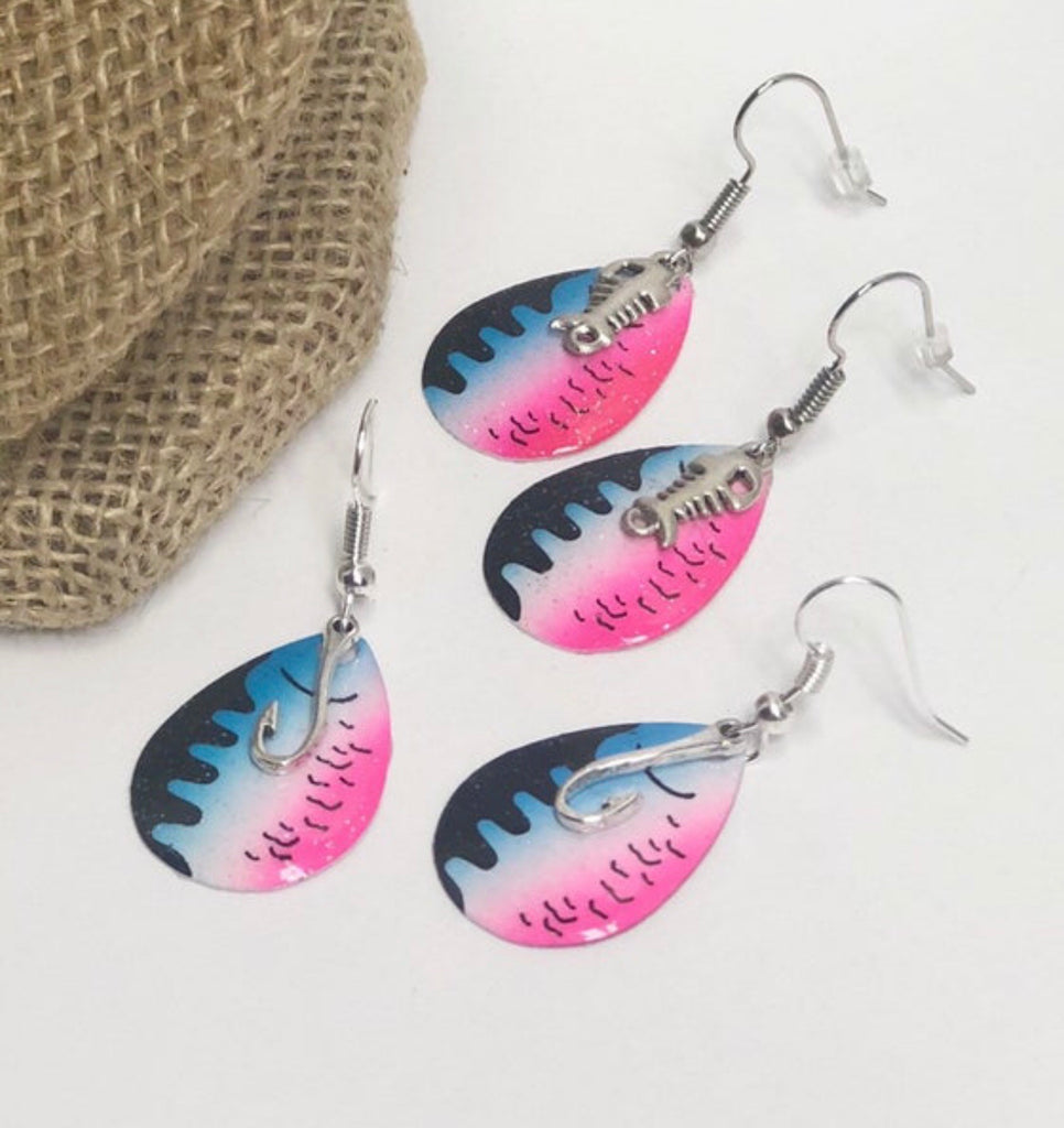 clip on fishing lure earrings Fishing Lure Earrings With Hook Or Fish Charms Pink Blue – Ammo Bling Queen