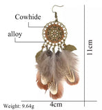 Dream Catcher Brown Feather Vintage Earrings