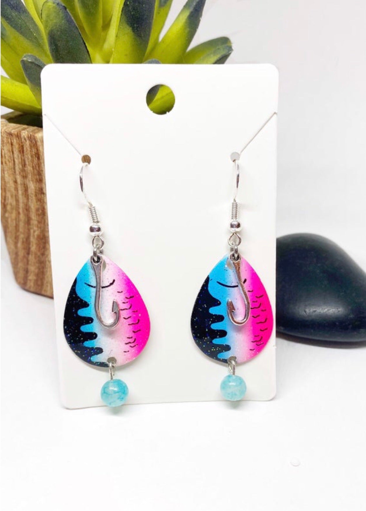 diy fishing lure earrings Fishing Lure Earrings With Hook Or Fish Charms Pink Blue Fish Charms Pink Beads