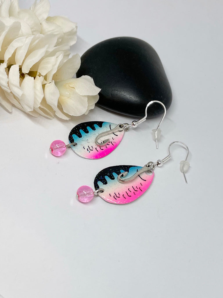 clip on fishing lure earrings Fishing Lure Earrings With Hook Or Fish Charms Pink Blue – Ammo Bling Queen